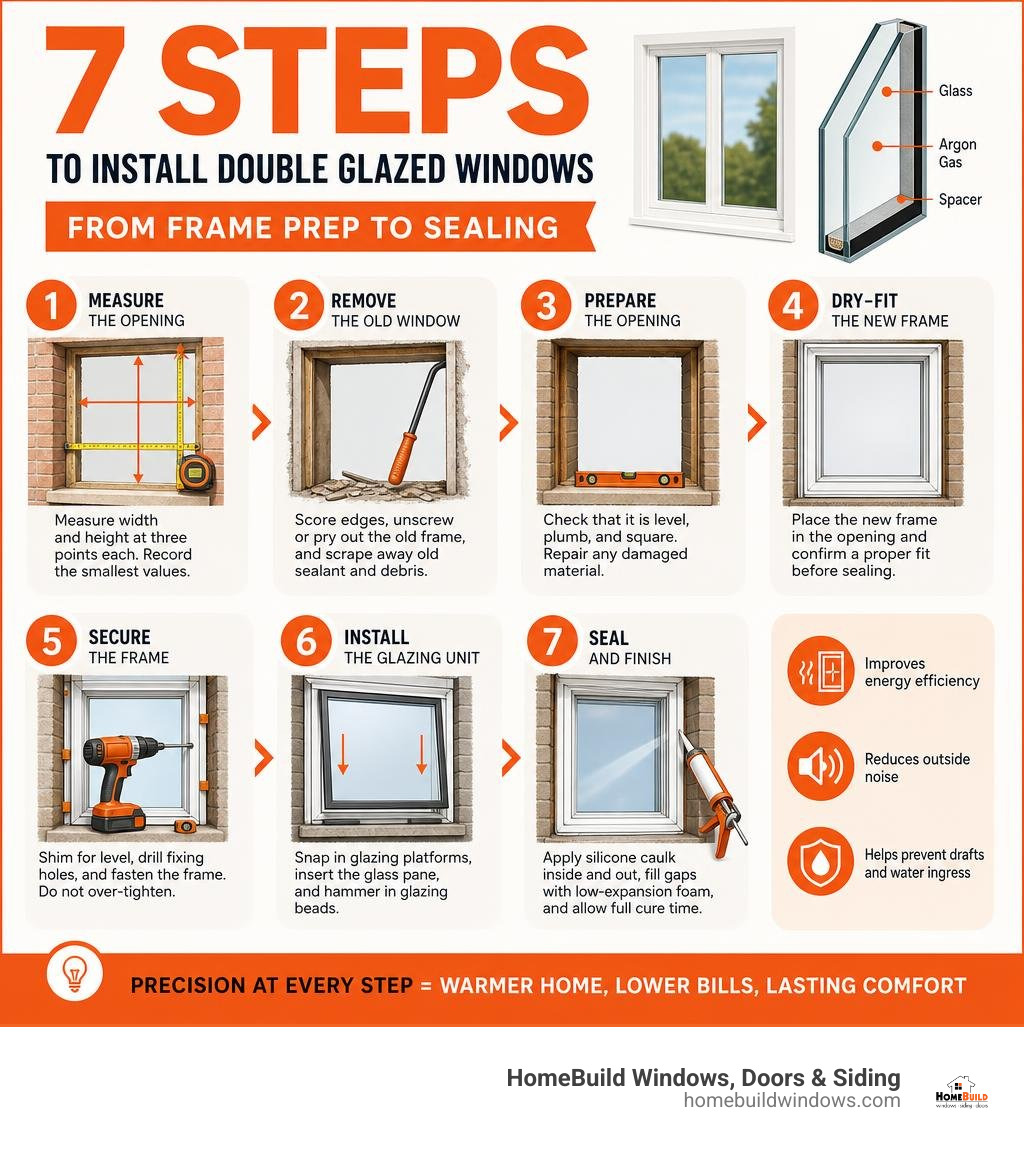 Steps to install double glazed windows from frame prep to sealing infographic