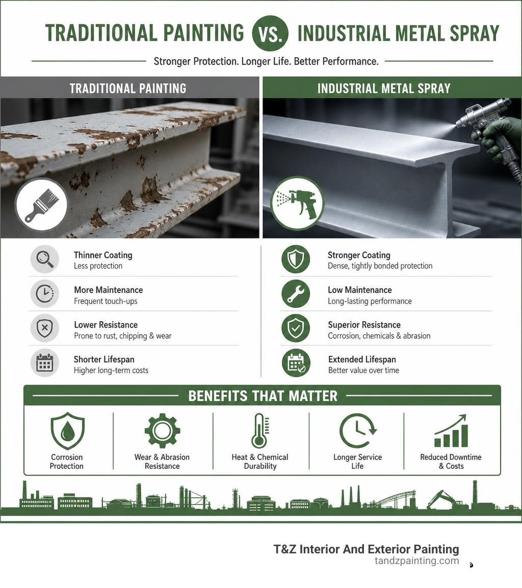 Infographic comparing traditional painting vs industrial metal spray coating methods and benefits infographic