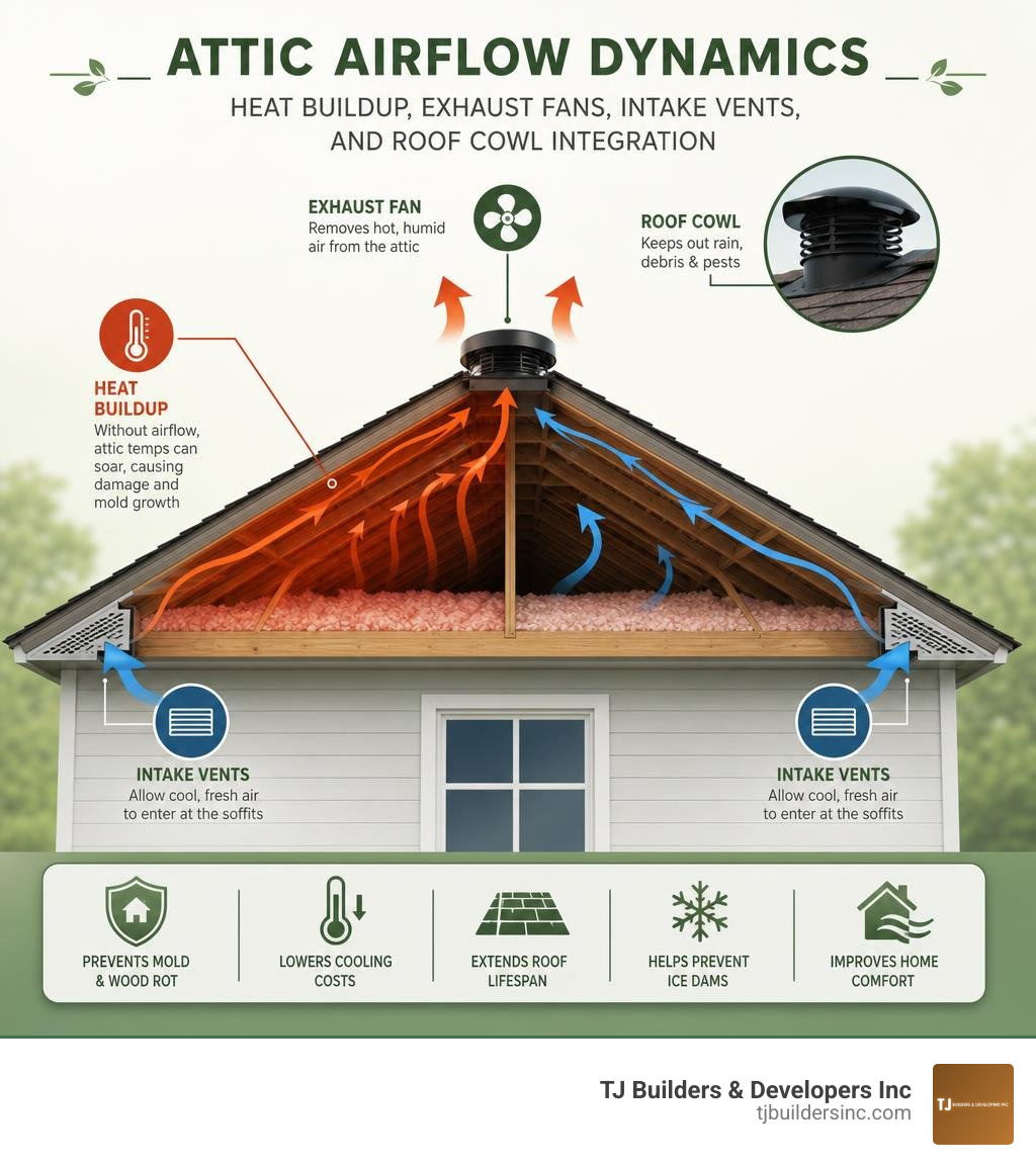 Attic airflow dynamics: heat buildup, exhaust fans, intake vents, and roof cowl integration infographic