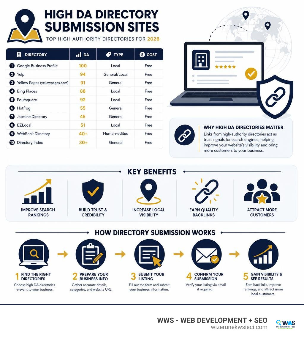 Infographic showing top high DA directory submission sites, benefits, and how the submission process works infographic Infographic showing top high DA directory submission sites, benefits, and how the submission process works infographic