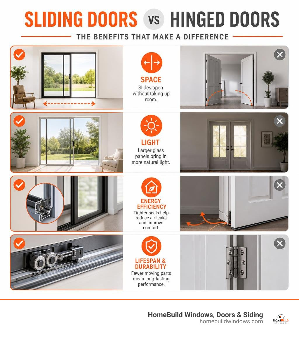 Benefits of sliding doors vs hinged doors: space, light, energy efficiency, and lifespan comparison infographic Benefits of sliding doors vs hinged doors: space, light, energy efficiency, and lifespan comparison infographic