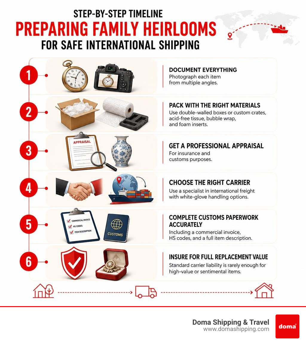 Step-by-step timeline infographic for preparing family heirlooms for safe international shipping overseas infographic Step-by-step timeline infographic for preparing family heirlooms for safe international shipping overseas infographic