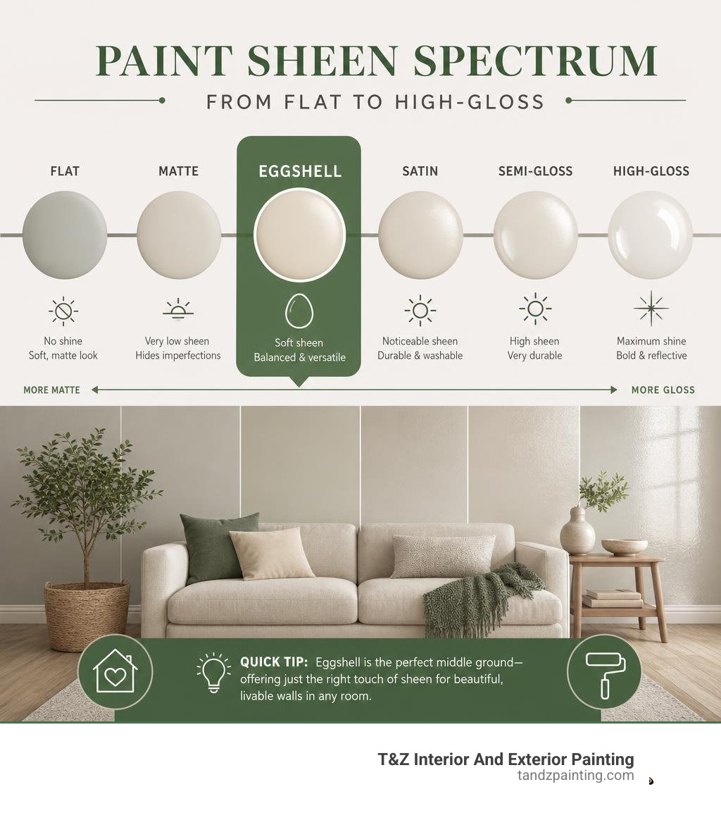 Paint sheen spectrum from flat to high-gloss with eggshell highlighted in the middle infographic Paint sheen spectrum from flat to high-gloss with eggshell highlighted in the middle infographic