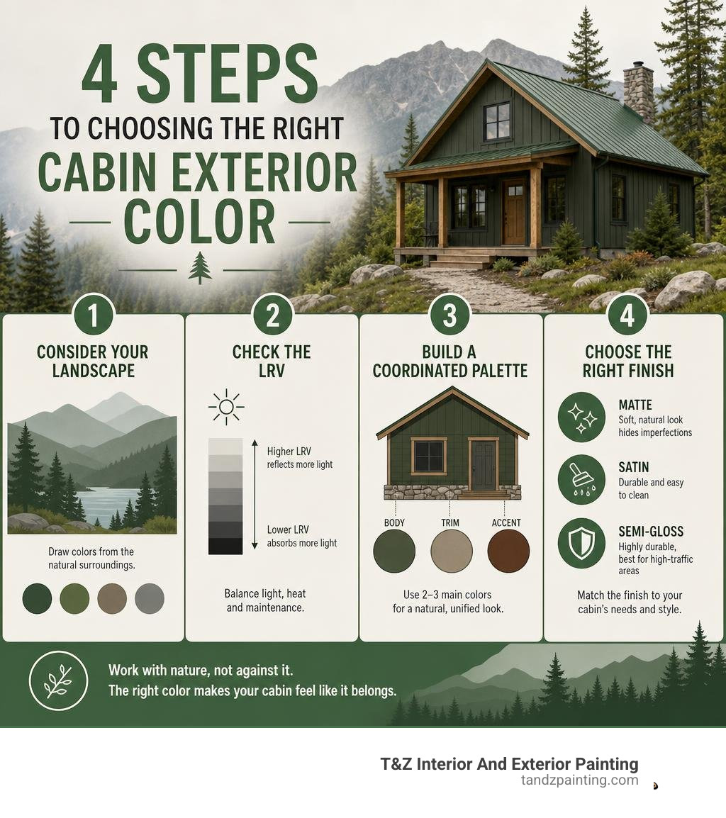 Cabin exterior color selection steps infographic showing landscape, LRV, palette, and finish infographic