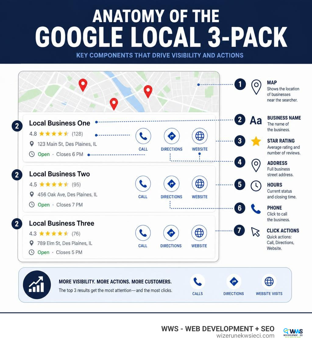Anatomy of the Google Local 3-Pack showing key components: map, business name, star rating, address, hours, phone, and click