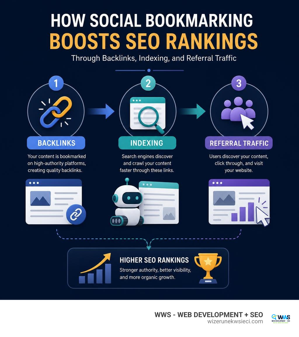 how social bookmarking boosts SEO rankings through backlinks, indexing, and referral traffic infographic how social bookmarking boosts SEO rankings through backlinks, indexing, and referral traffic infographic