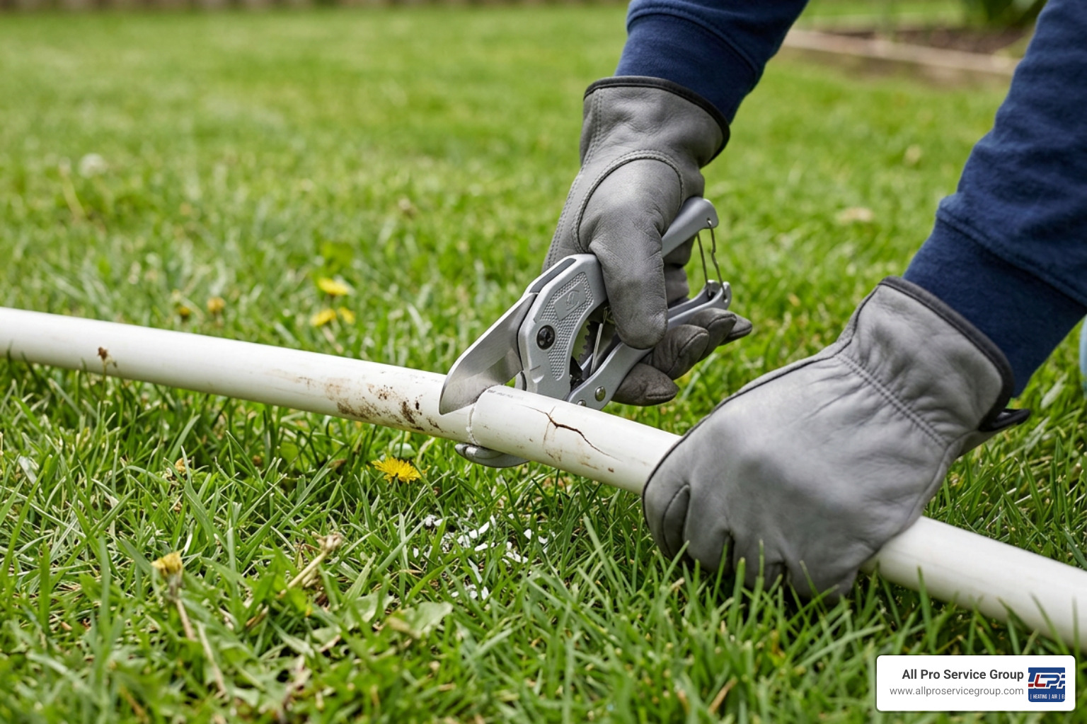 Cutting a damaged PVC pipe with a dedicated pipe cutter Cutting a damaged PVC pipe with a dedicated pipe cutter