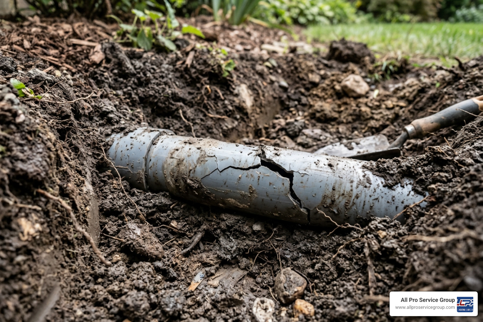 A cracked PVC irrigation pipe buried in soil with dirt surrounding it A cracked PVC irrigation pipe buried in soil with dirt surrounding it