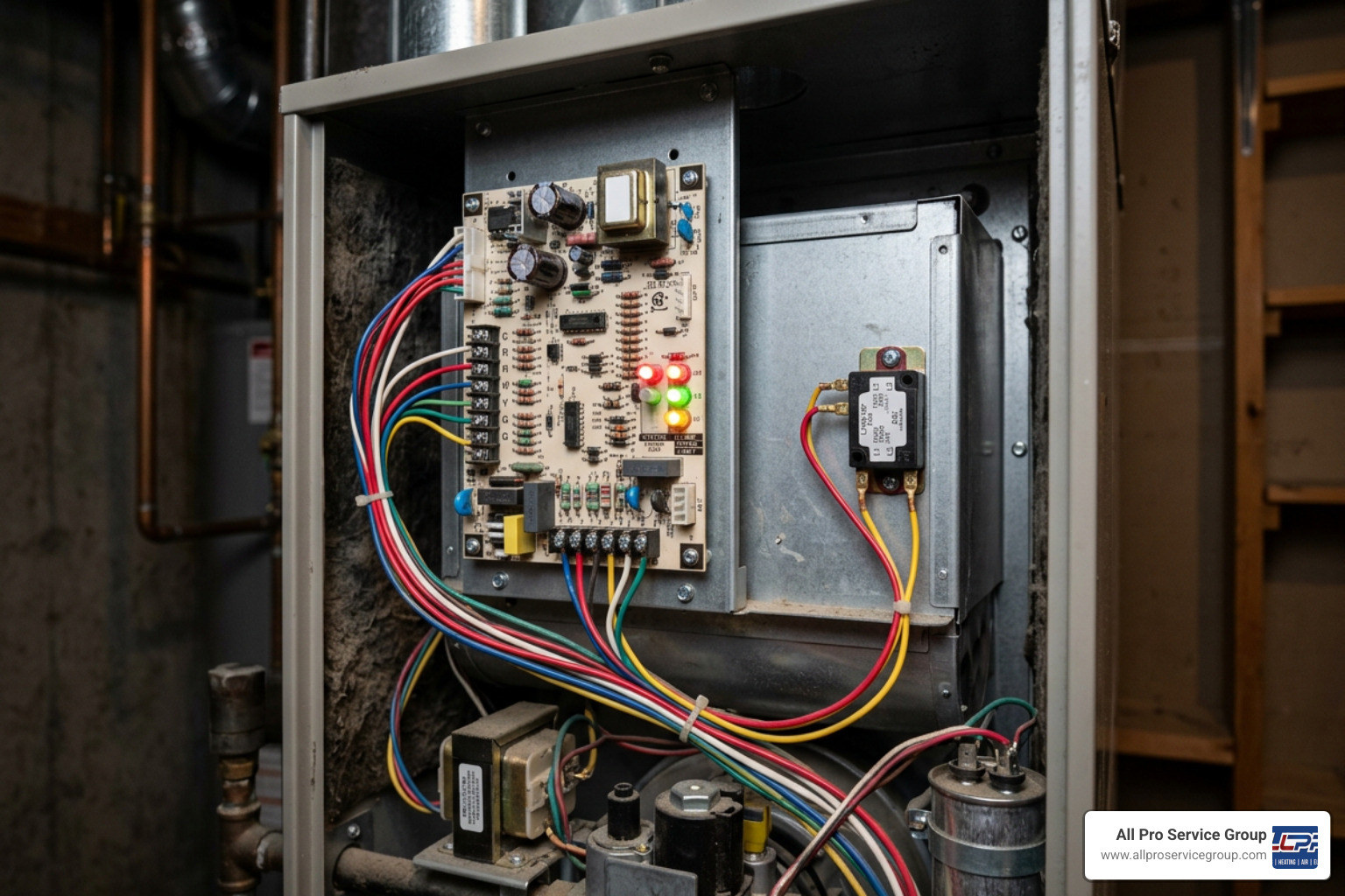Modern furnace cabinet showing key diagnostic LED lights and safety switch location Modern furnace cabinet showing key diagnostic LED lights and safety switch location