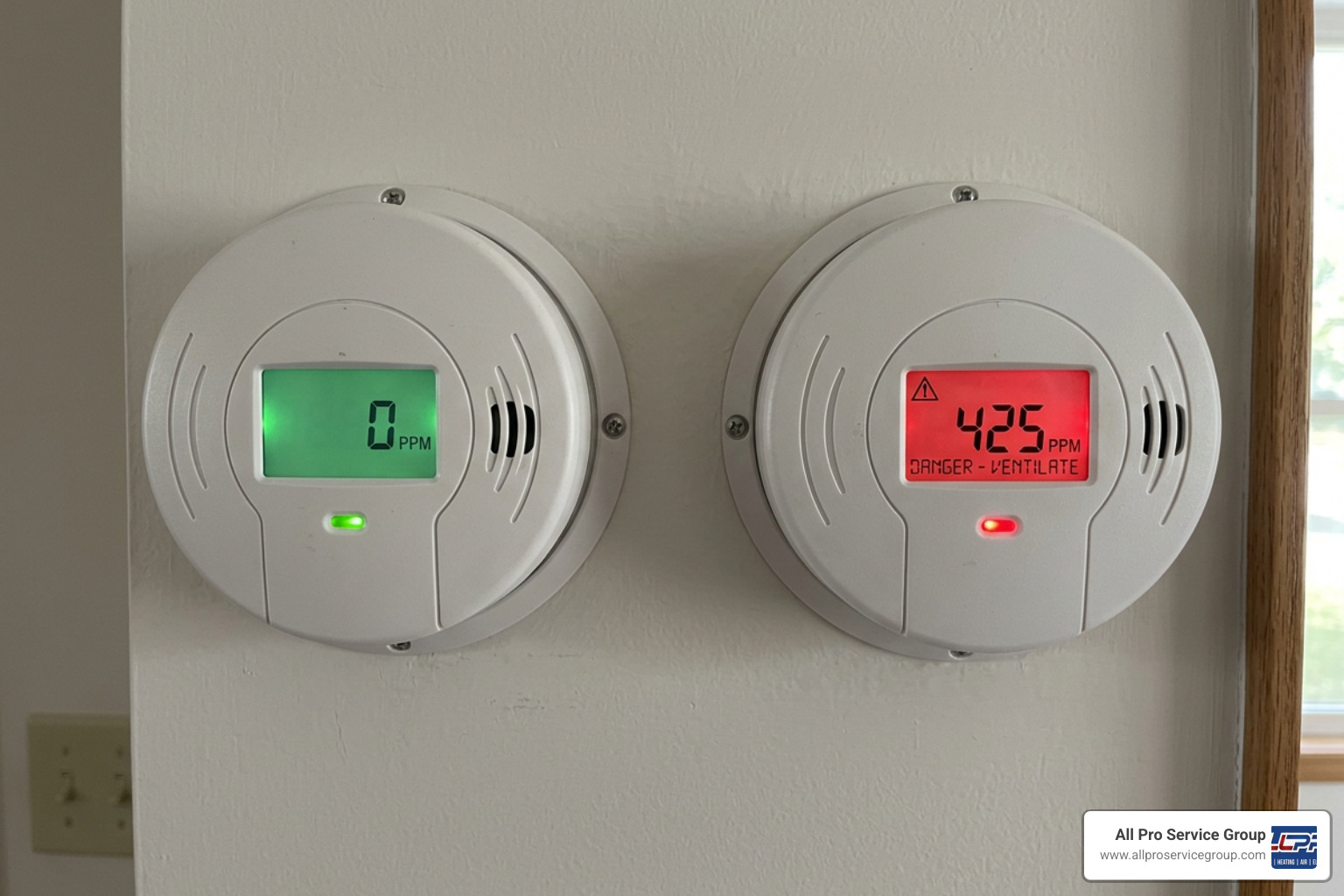 Carbon monoxide detector showing safe levels versus warning signs Carbon monoxide detector showing safe levels versus warning signs