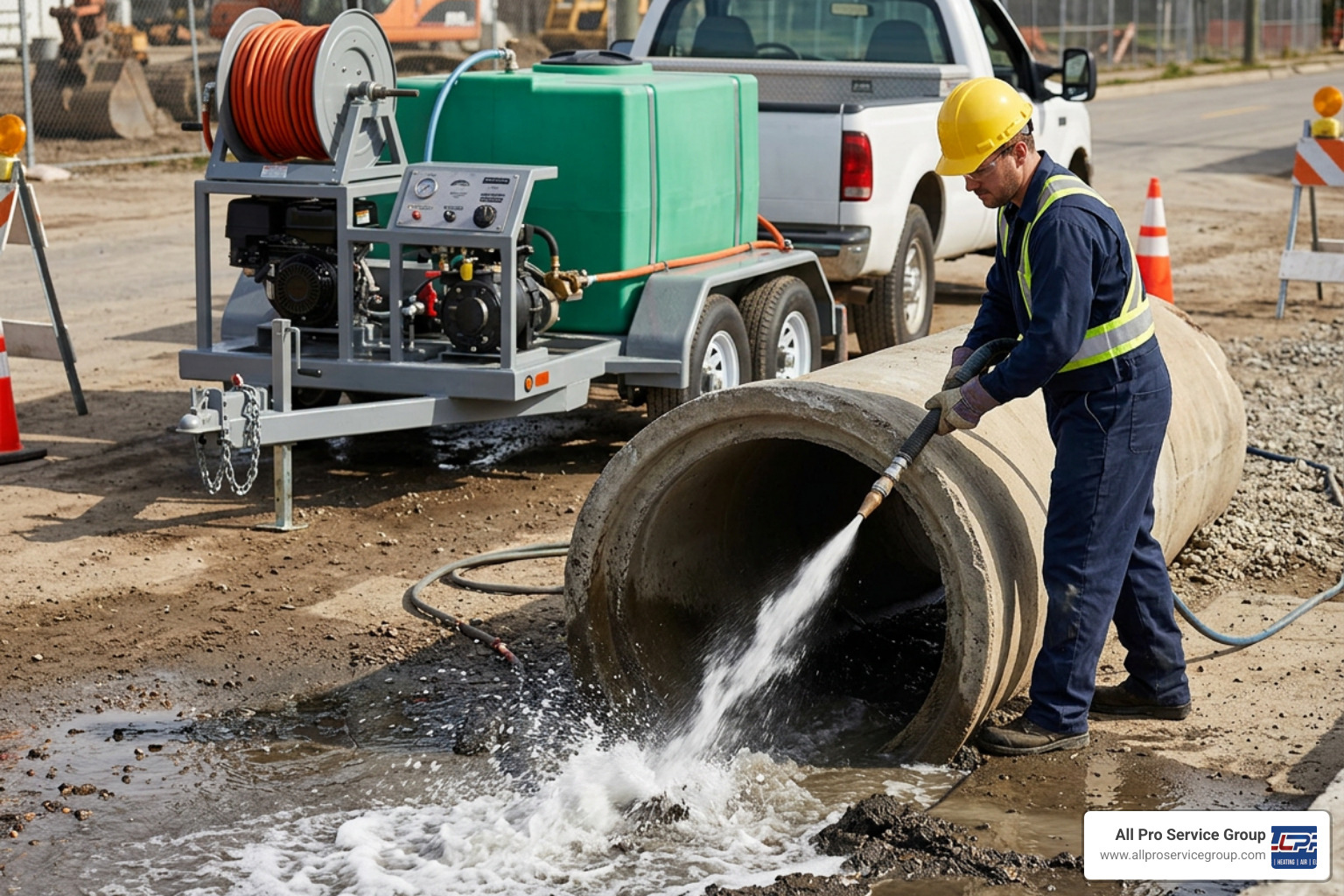 Hydro jetting equipment in action blasting water through a pipe Hydro jetting equipment in action blasting water through a pipe