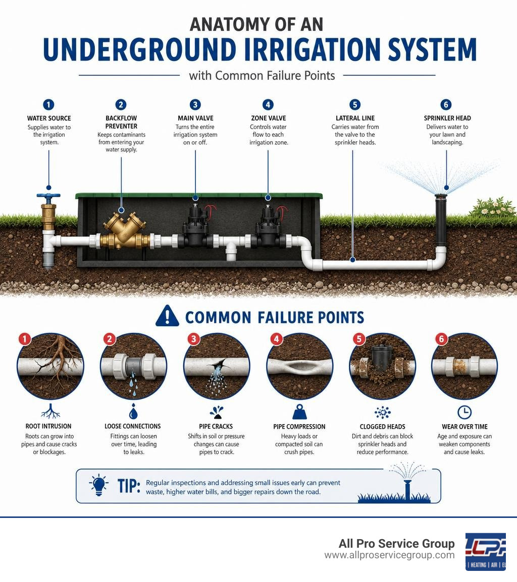 Anatomy of an underground irrigation system with labeled components and common failure points infographic Anatomy of an underground irrigation system with labeled components and common failure points infographic
