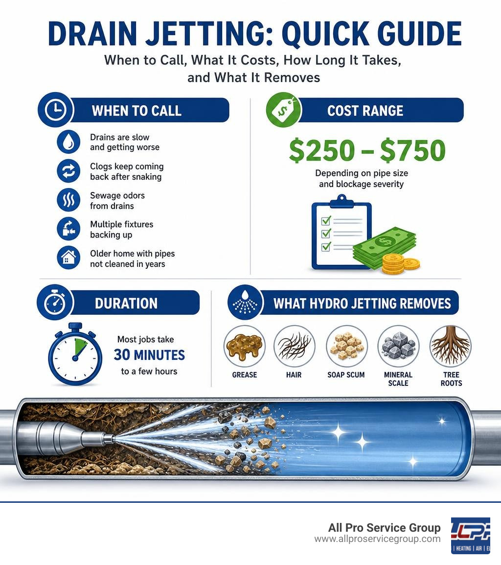 Infographic showing when to call for drain jetting, cost range, duration, and what hydro jetting removes infographic Infographic showing when to call for drain jetting, cost range, duration, and what hydro jetting removes infographic