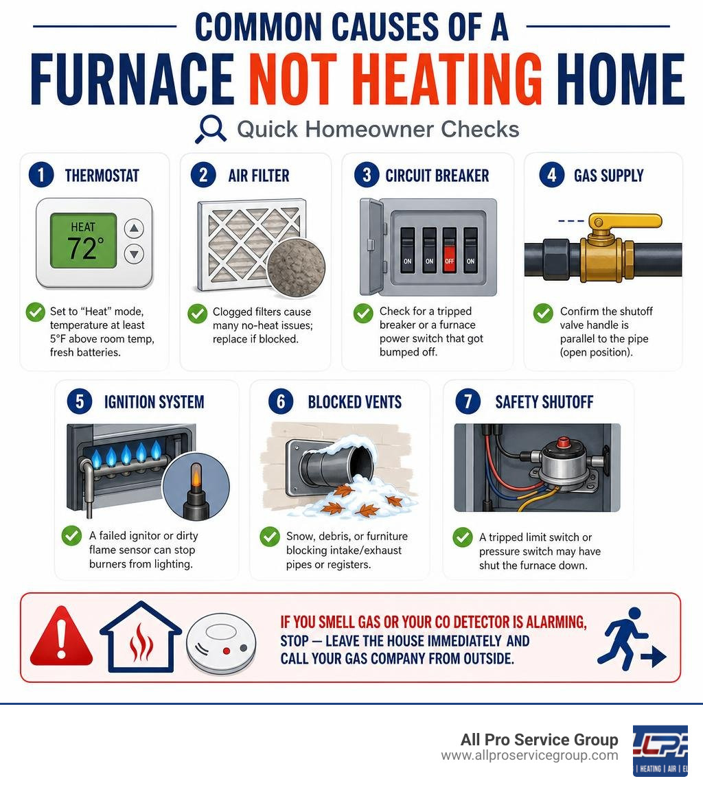 Common causes of a furnace not heating home, from thermostat to ignition failure, with quick homeowner checks infographic Common causes of a furnace not heating home, from thermostat to ignition failure, with quick homeowner checks infographic