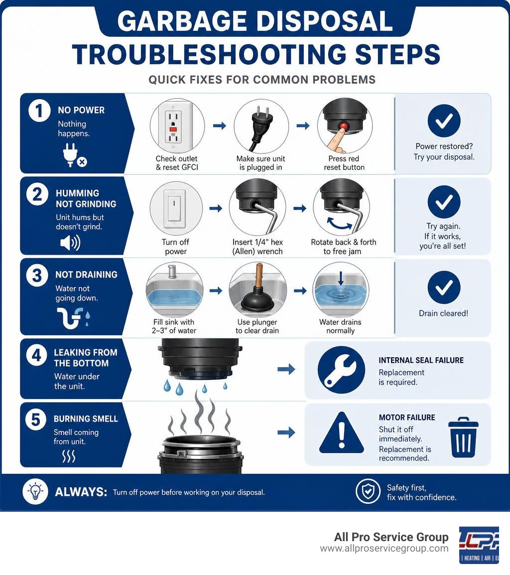 Garbage disposal troubleshooting steps from no power to jam to leak to replacement decision infographic
