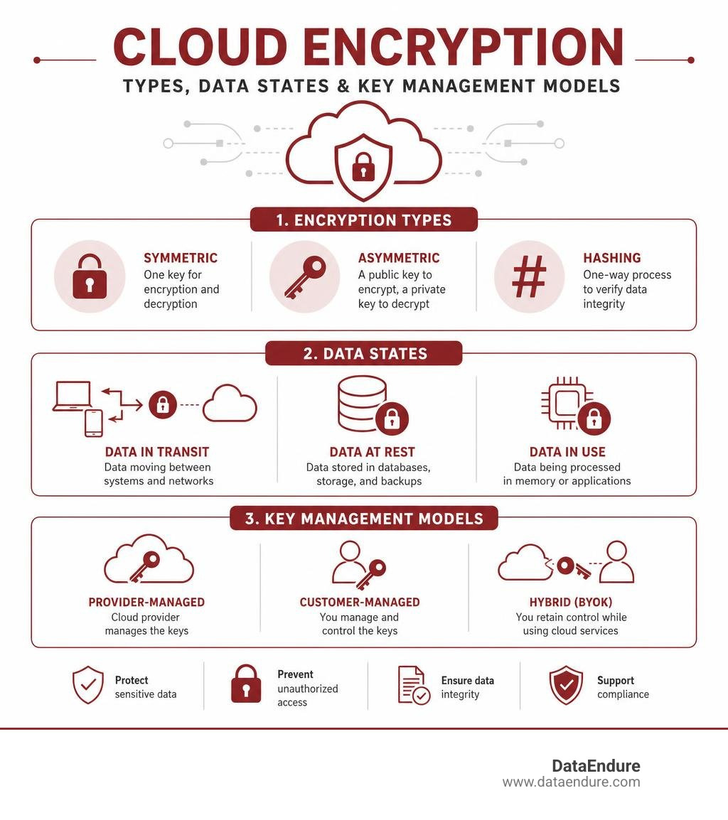 Infographic showing cloud encryption types, data states, and key management models infographic Infographic showing cloud encryption types, data states, and key management models infographic