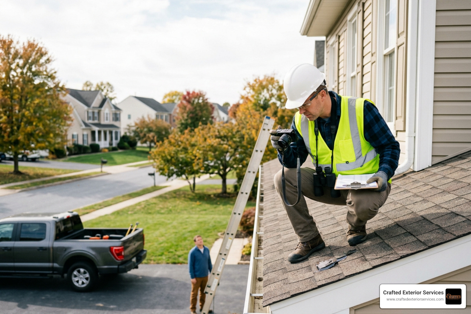 inspector checking roof flashing and chimney seals