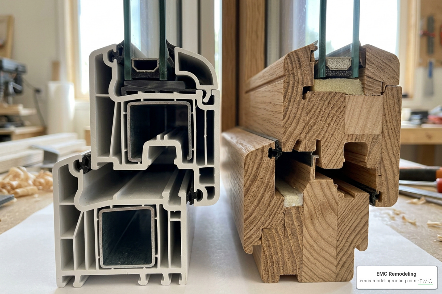 vinyl and wood window frame cross sections showing insulation chambers