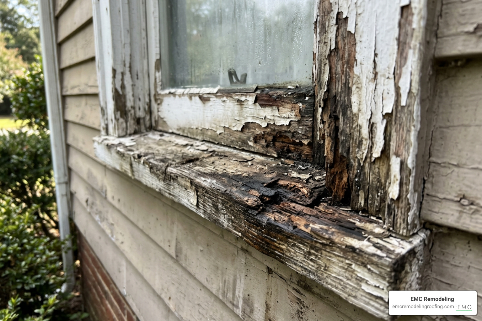 damaged window frame with wood rot and peeling paint