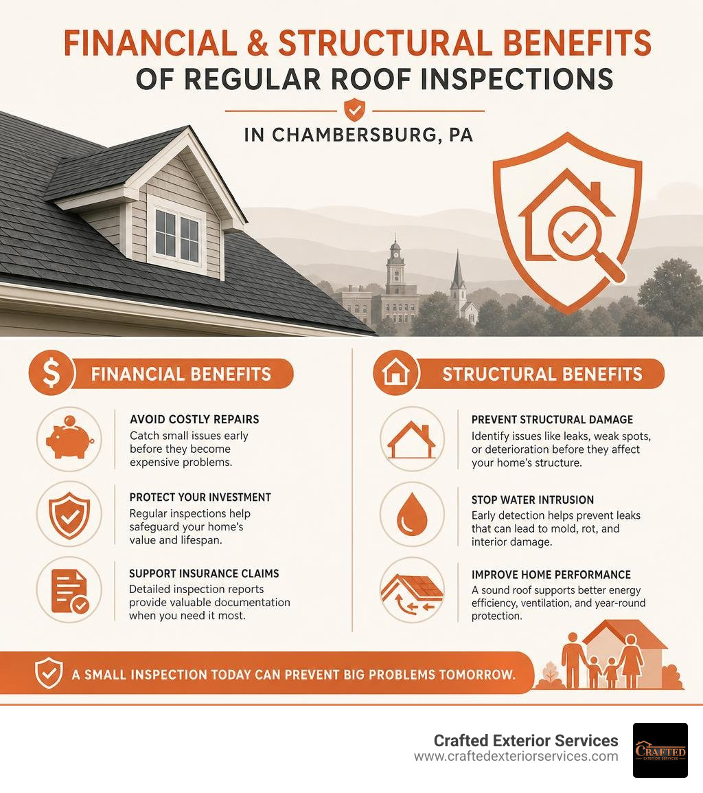 financial and structural benefits of regular roof inspections in Chambersburg PA infographic