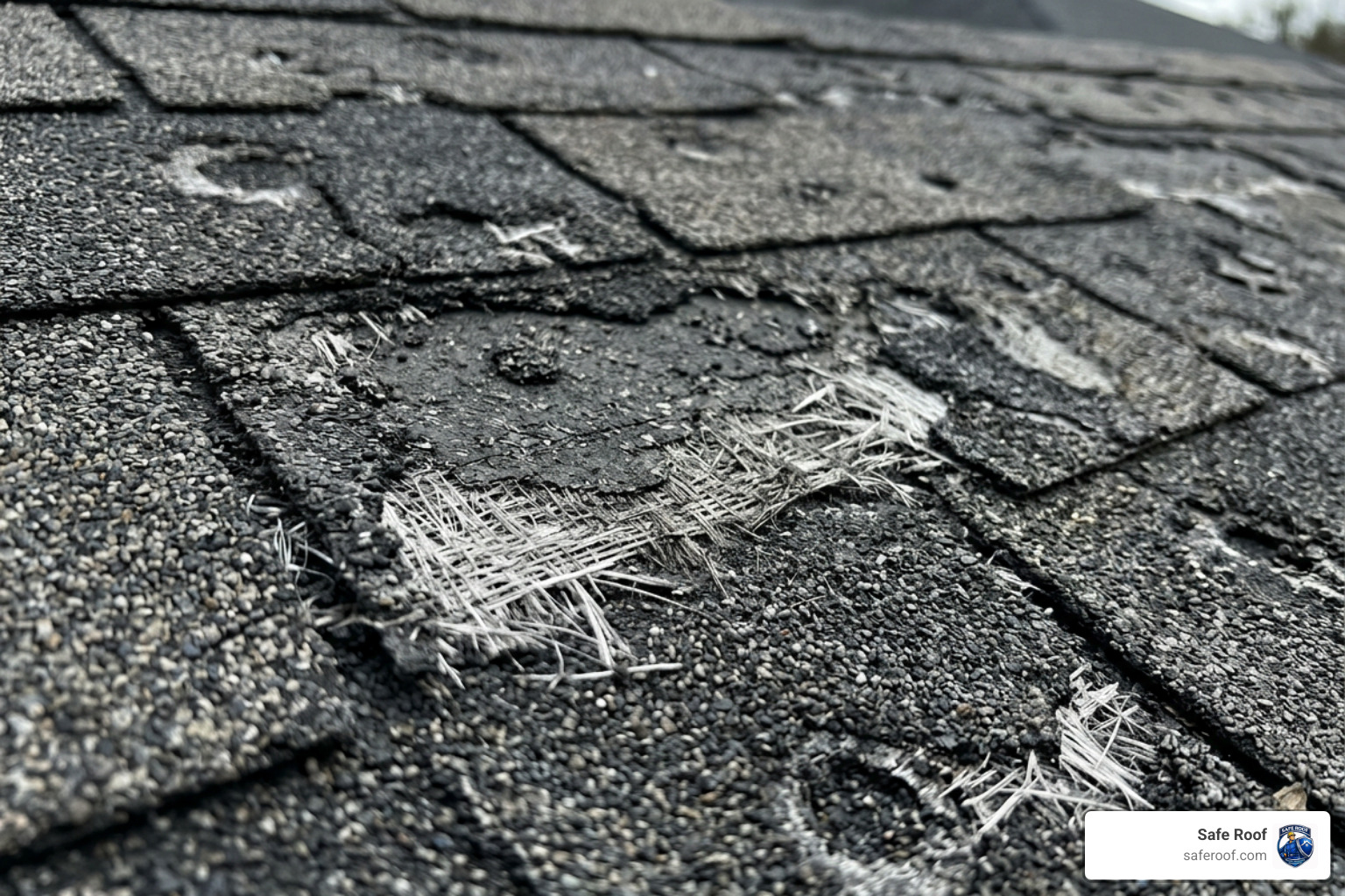 hail-damaged asphalt shingles showing granule loss and fractured matting hail-damaged asphalt shingles showing granule loss and fractured matting