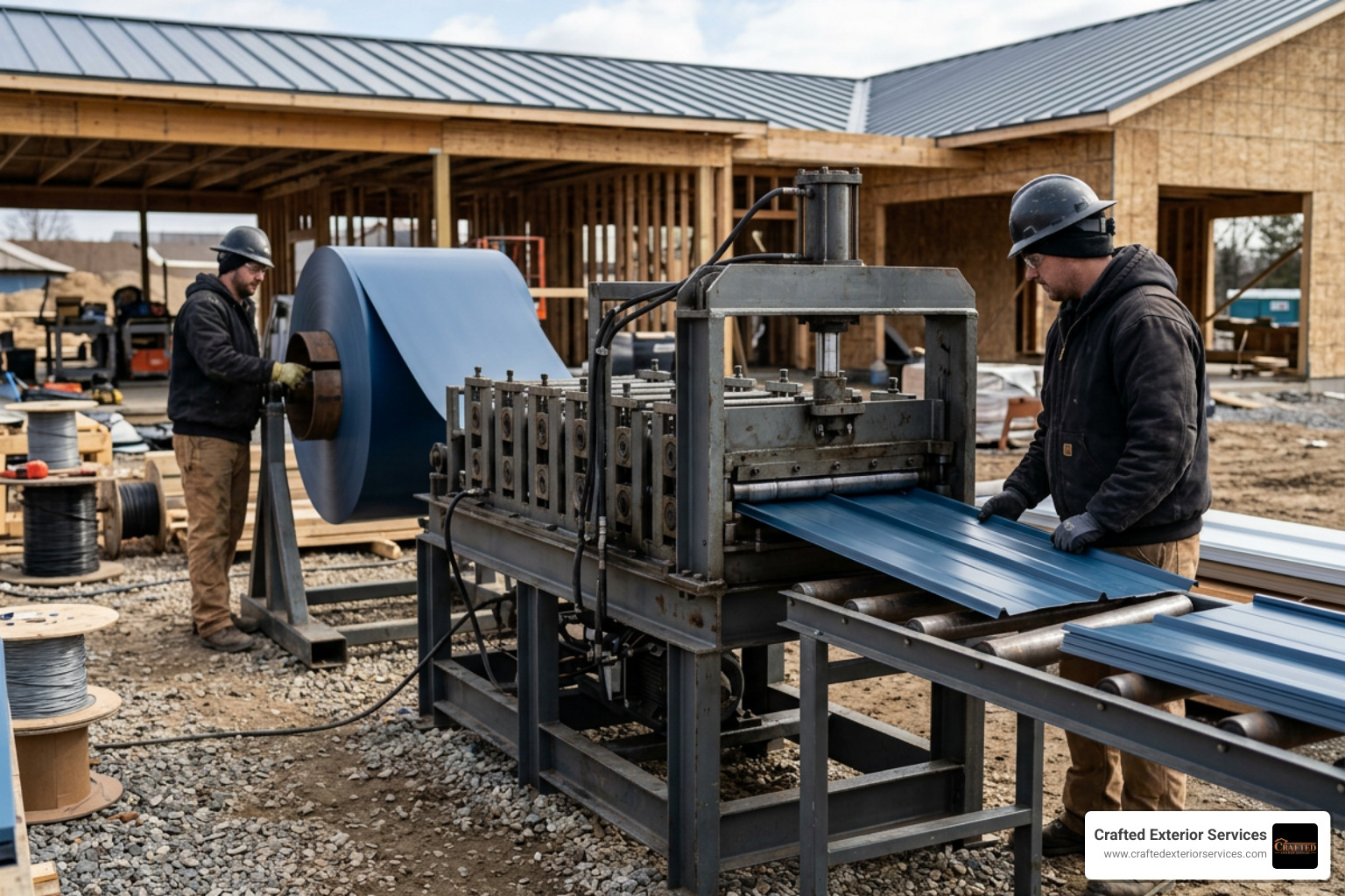 roll-forming machine fabricating metal panels on-site