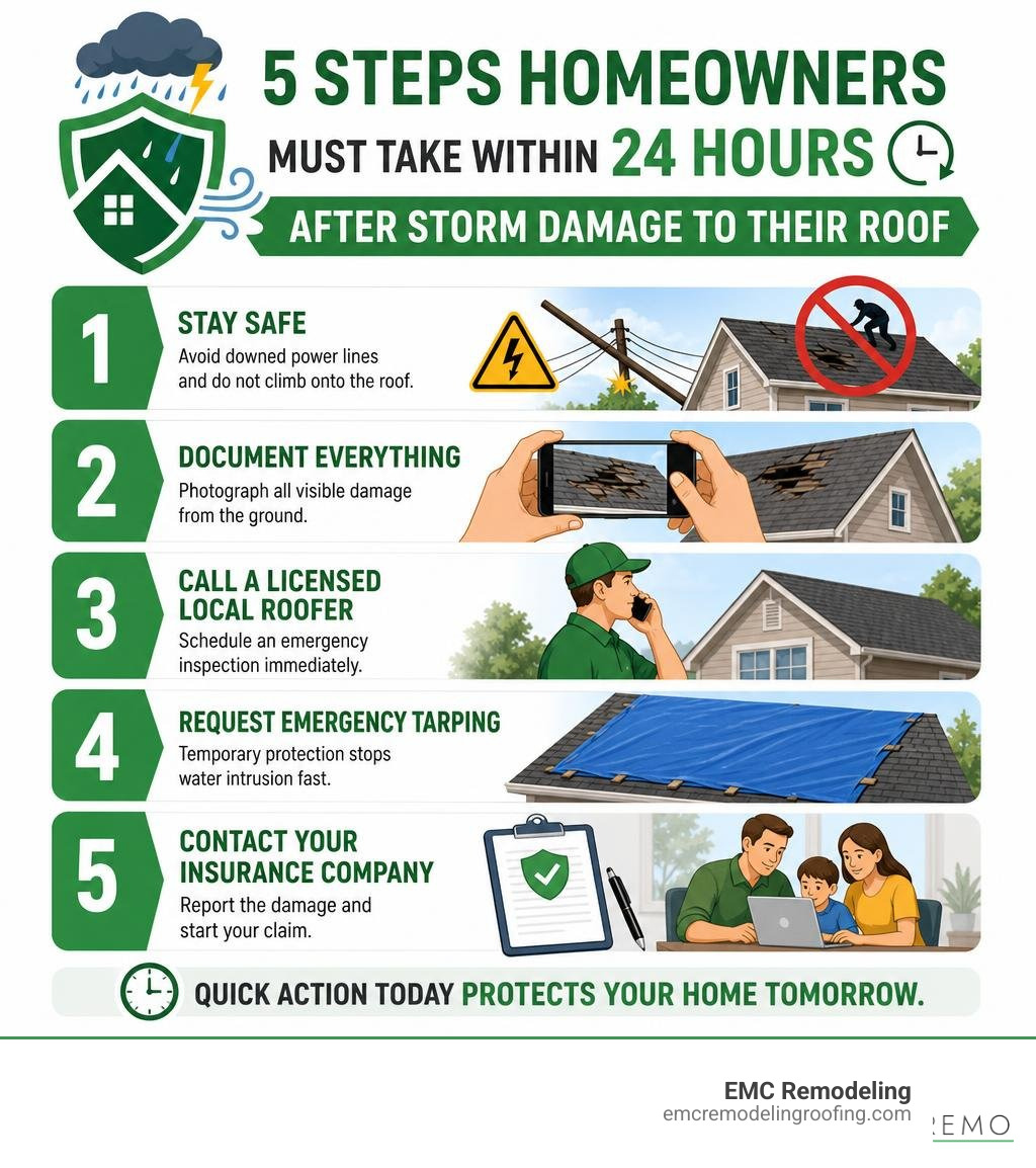 Steps homeowners must take within 24 hours after storm damage to their roof infographic