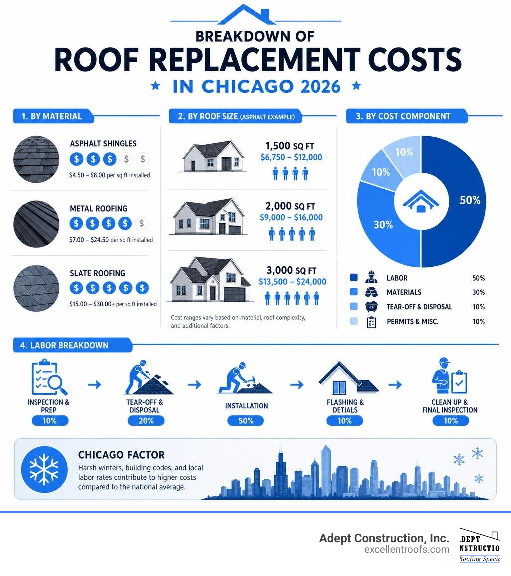 Breakdown of roof replacement costs in Chicago 2026 by material size and labor infographic