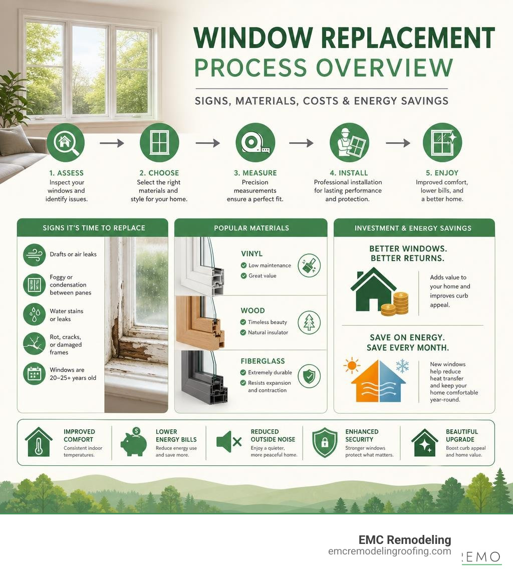 window replacement process overview infographic showing signs, materials, costs, and energy savings infographic
