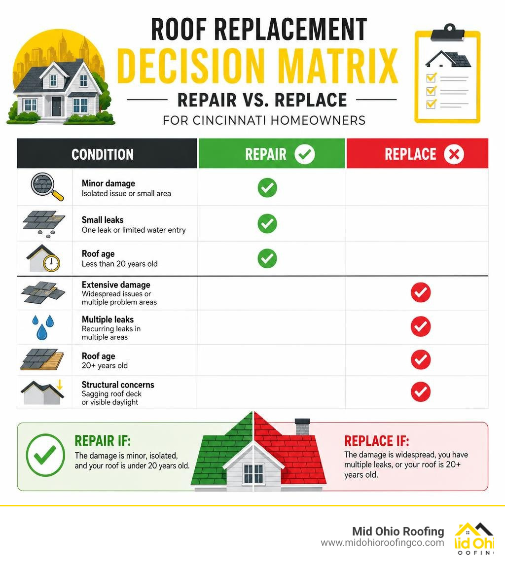Roof replacement decision matrix: repair vs. replace for Cincinnati homeowners infographic Roof replacement decision matrix: repair vs. replace for Cincinnati homeowners infographic