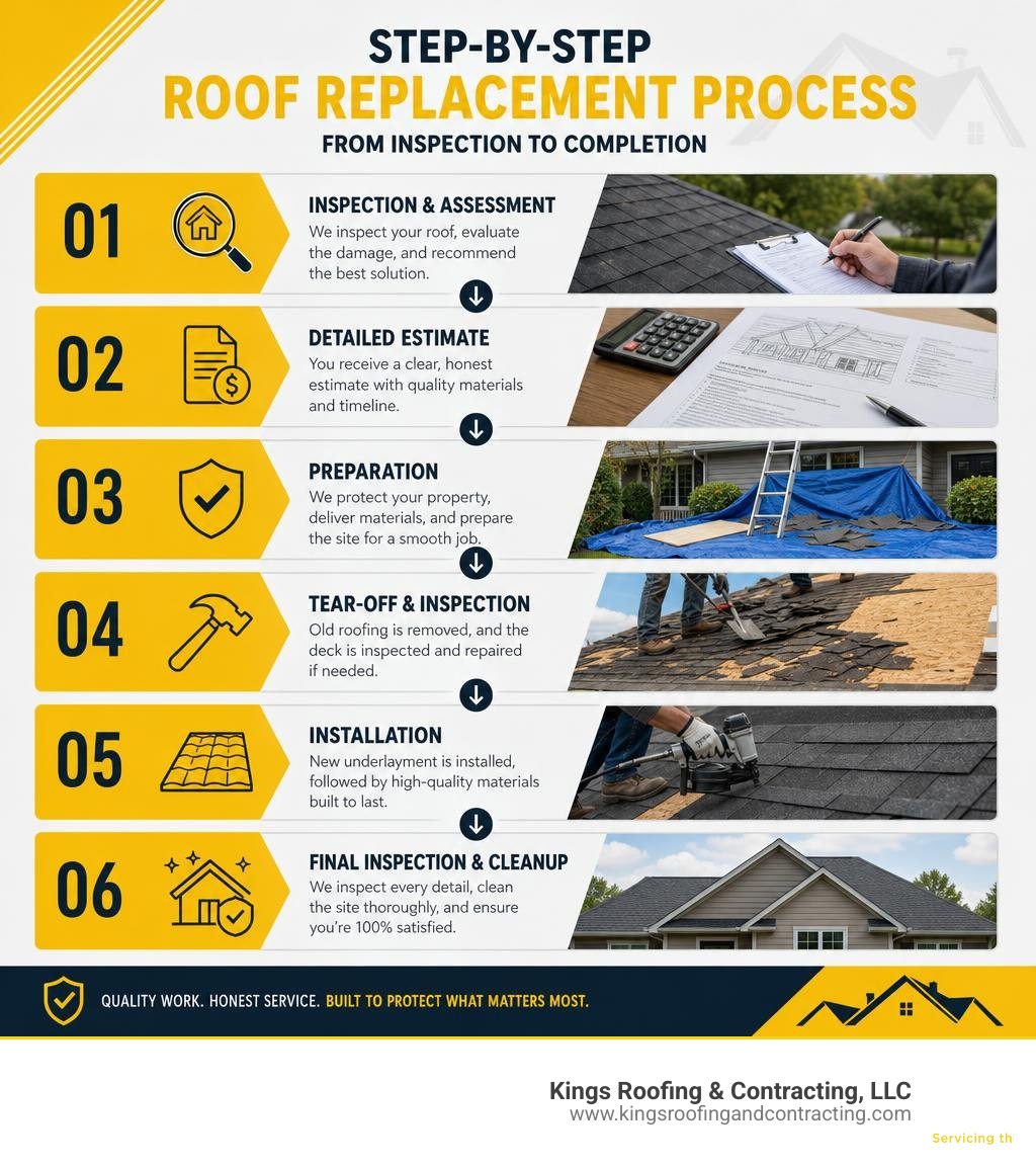 Step-by-step roof replacement process from inspection to completion infographic Step-by-step roof replacement process from inspection to completion infographic