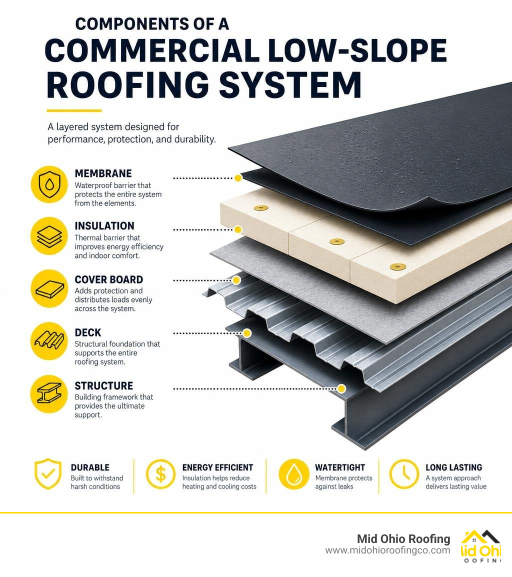 components of a commercial low-slope roofing system including membrane, insulation, and deck layers infographic