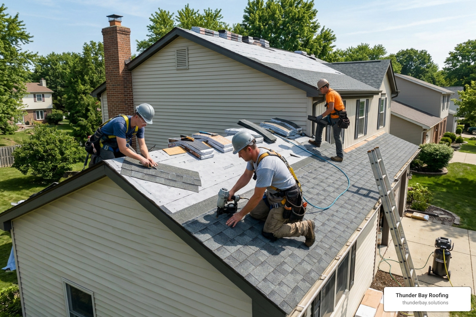 Professional roofing crew installing architectural shingles on a small home Professional roofing crew installing architectural shingles on a small home
