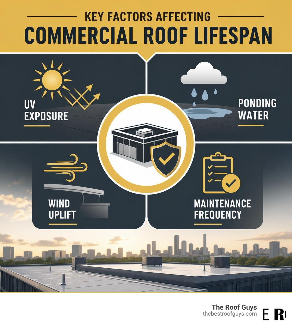 Infographic showing key factors affecting commercial roof lifespan: UV exposure, ponding water, wind uplift, and maintenance Infographic showing key factors affecting commercial roof lifespan: UV exposure, ponding water, wind uplift, and maintenance