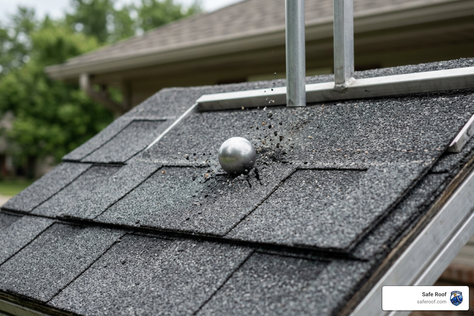 Class 4 impact-resistant shingles undergoing impact testing Class 4 impact-resistant shingles undergoing impact testing