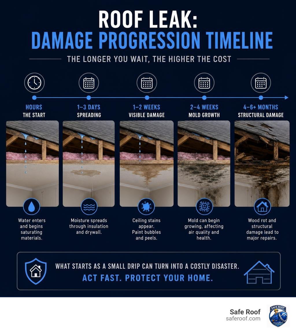 Timeline showing rapid progression of roof leak water damage from hours to months infographic Timeline showing rapid progression of roof leak water damage from hours to months infographic