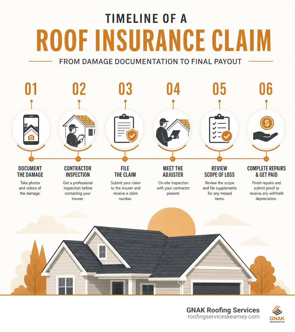 Timeline of a roof insurance claim from damage documentation to final payout infographic Timeline of a roof insurance claim from damage documentation to final payout infographic