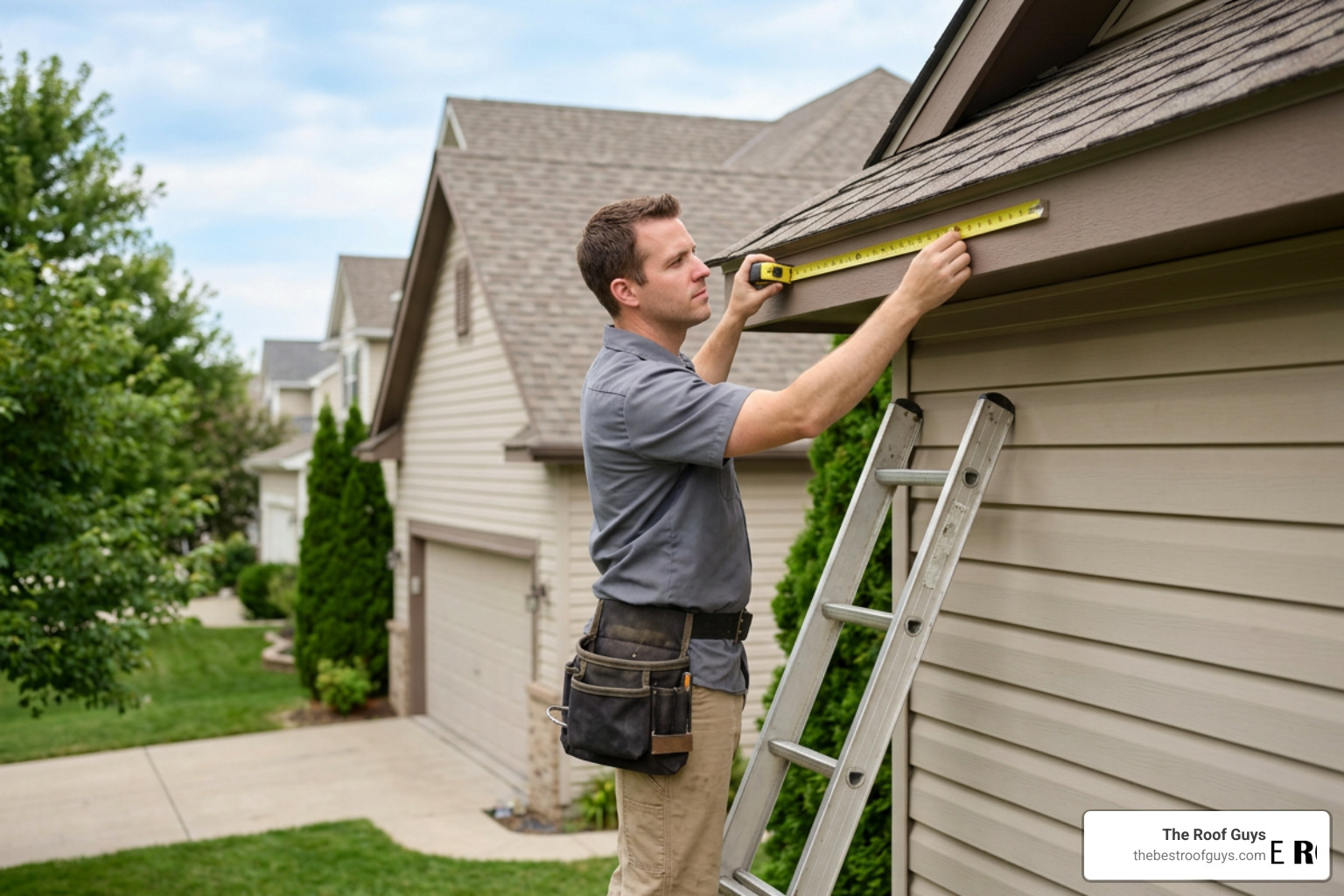 A professional contractor measuring roof eaves for a gutter replacement project A professional contractor measuring roof eaves for a gutter replacement project