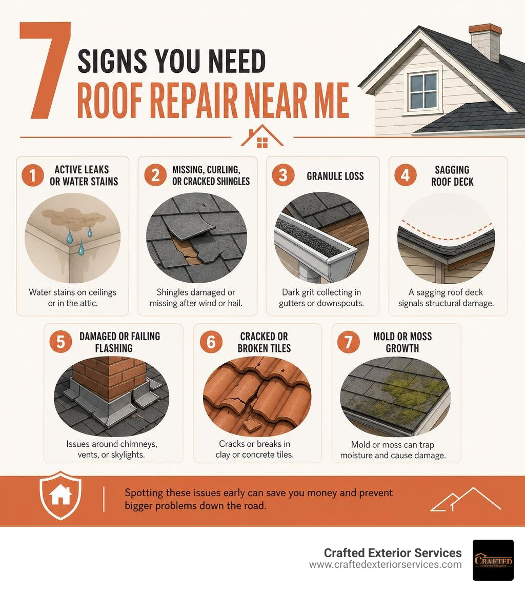 7 signs you need roof repair near me with icons and brief descriptions for each warning sign infographic 7 signs you need roof repair near me with icons and brief descriptions for each warning sign infographic