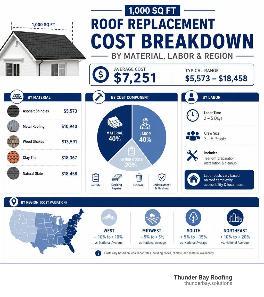 Infographic showing 1000 sq ft roof replacement cost breakdown by material, labor, and region infographic Infographic showing 1000 sq ft roof replacement cost breakdown by material, labor, and region infographic