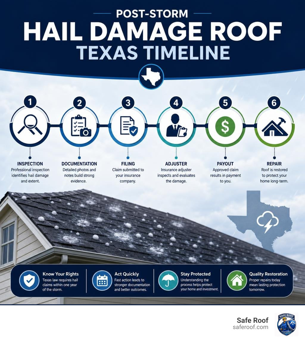 Post-storm hail damage roof Texas timeline: inspection, documentation, filing, adjuster, payout, repair infographic Post-storm hail damage roof Texas timeline: inspection, documentation, filing, adjuster, payout, repair infographic