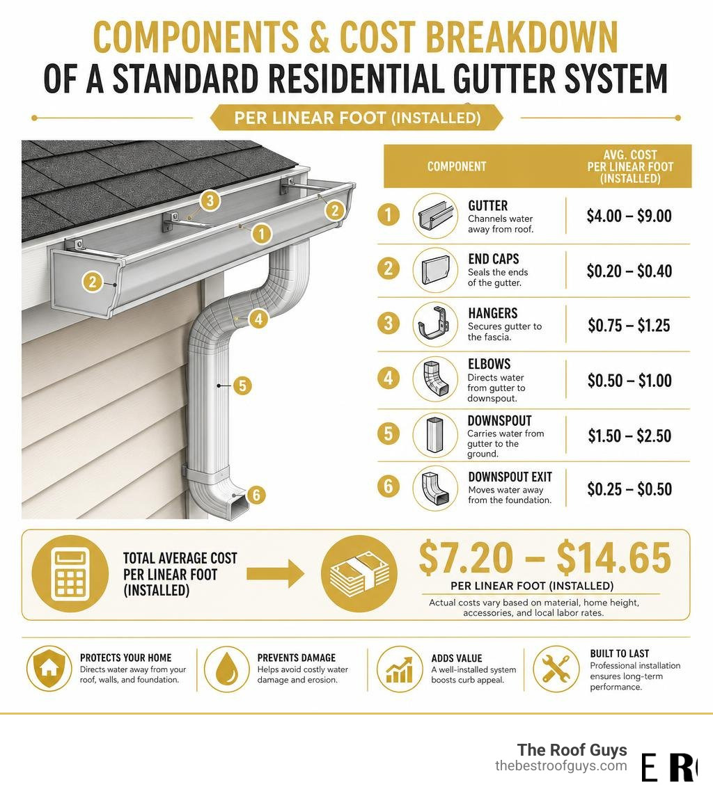 Components and cost breakdown of a standard residential gutter system per linear foot infographic Components and cost breakdown of a standard residential gutter system per linear foot infographic