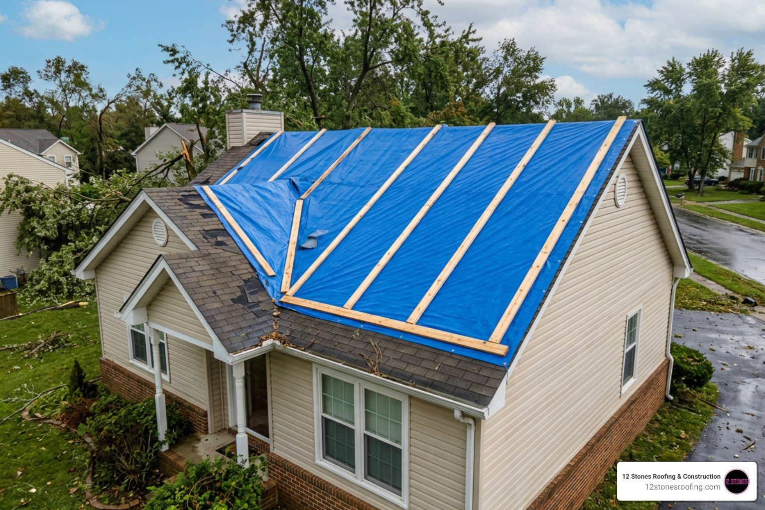 Professionally installed emergency roof tarp secured with wooden anchor boards