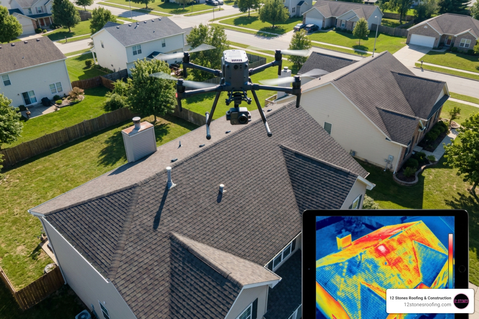Aerial drone performing a high-resolution thermal scan of a residential roof