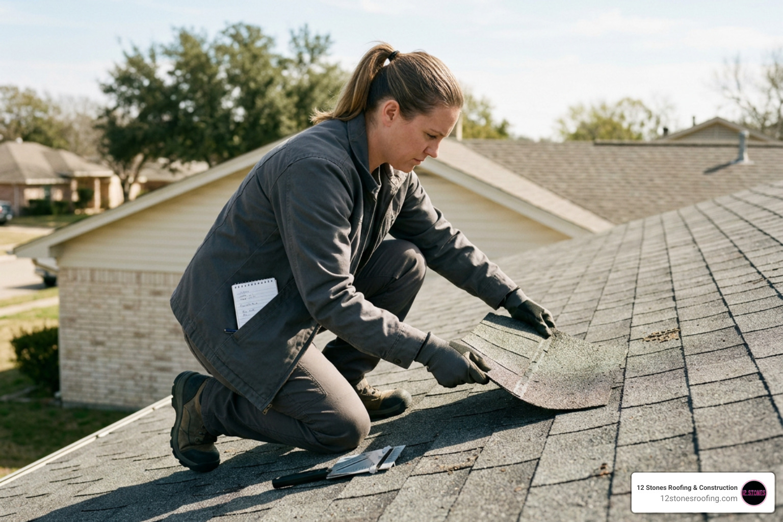 Forensic roof inspector analyzing shingle pliability and structural integrity