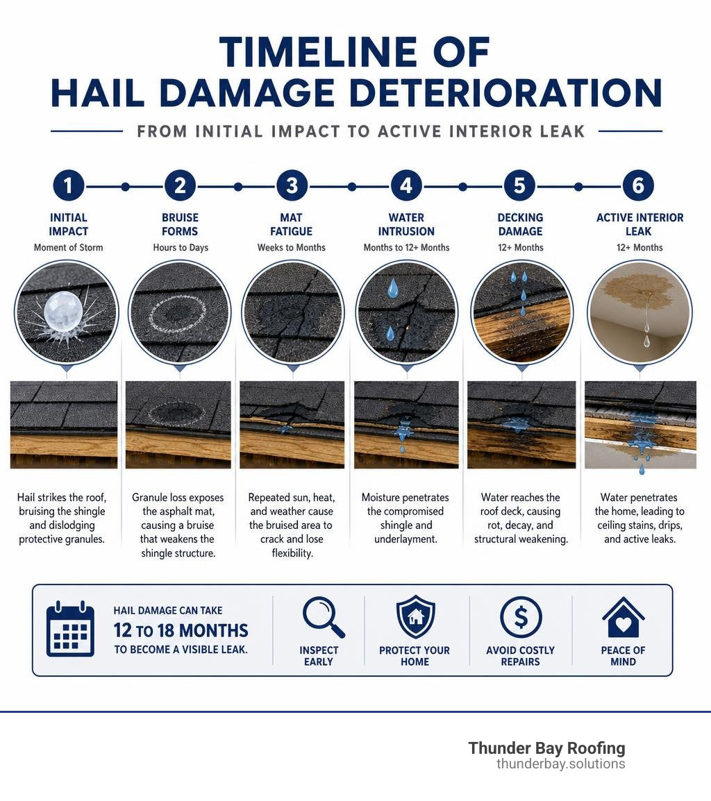 Timeline of hail damage deterioration from initial impact to active interior leak infographic Timeline of hail damage deterioration from initial impact to active interior leak infographic