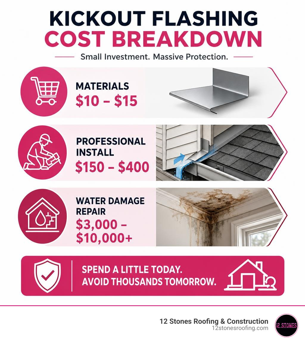 Kickout flashing cost breakdown infographic: materials $10-$15, professional install $150-$400, water damage repair Kickout flashing cost breakdown infographic: materials $10-$15, professional install $150-$400, water damage repair