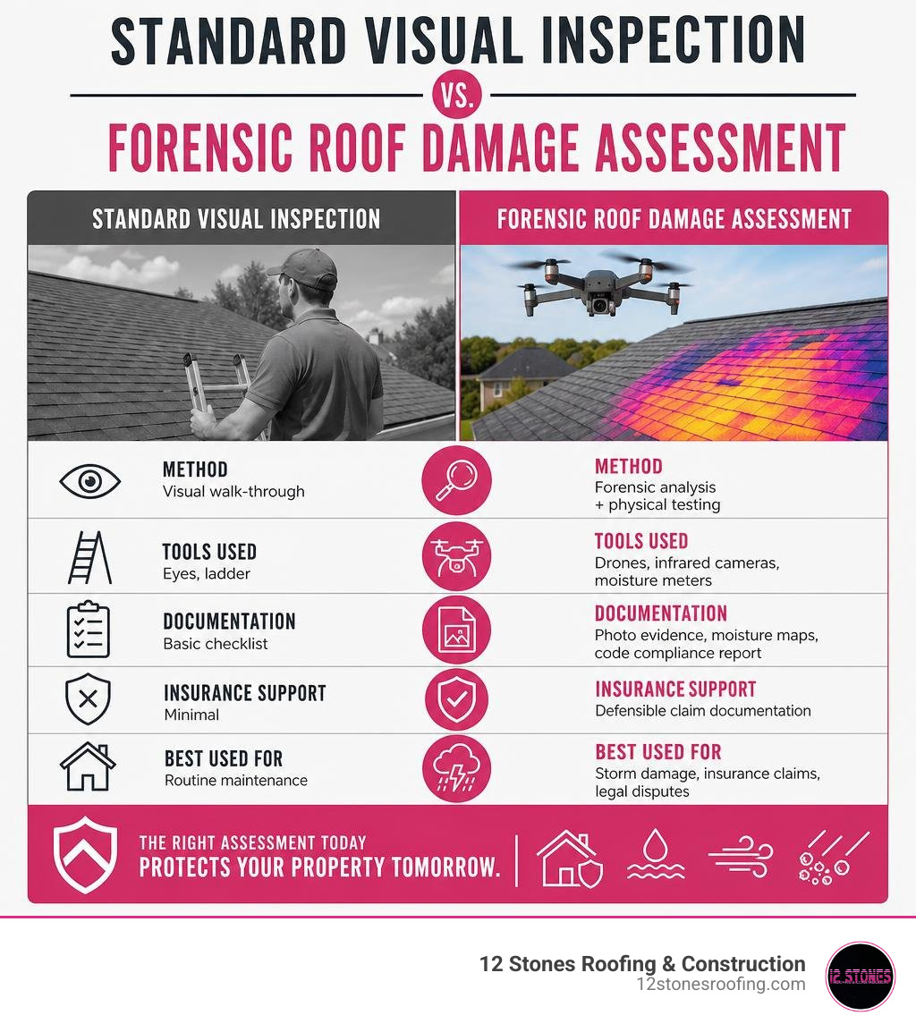 Standard visual inspection vs. forensic roof damage assessment comparison infographic infographic