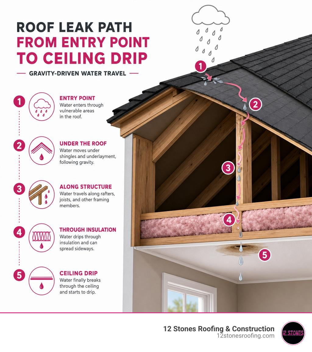 Roof leak path from entry point to ceiling drip — infographic showing gravity-driven water travel infographic