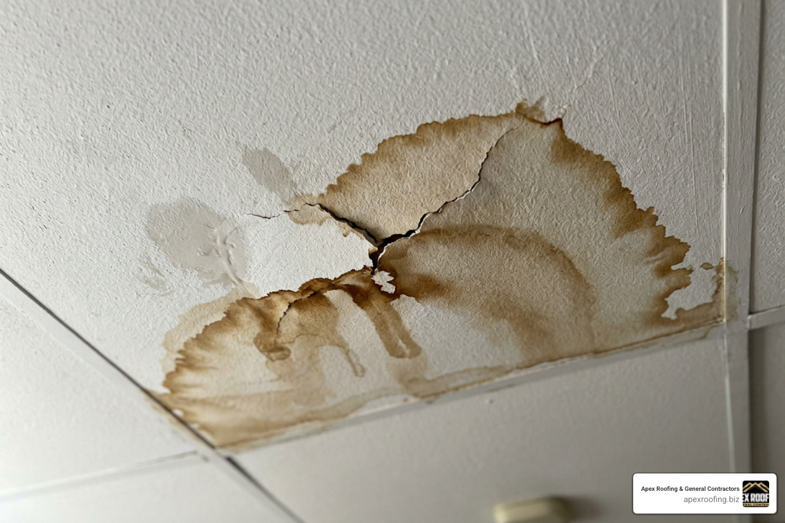 water stain on ceiling from active roof leak